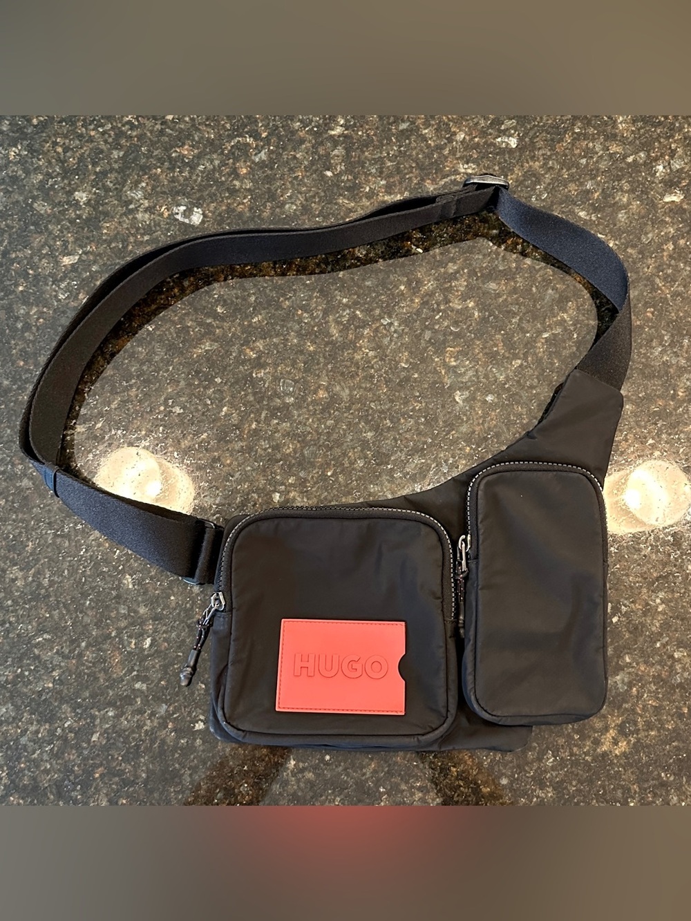 HUGO Men's Black Crossbody Sling Bag
Zip Pouch w/ Red Logo Card Patch, Dust Bag